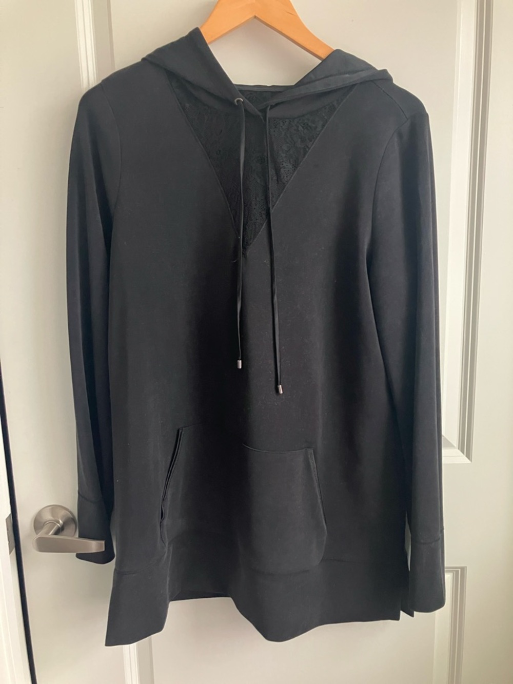 White House Black Market Black Hooded Crewneck Sweater with Lace Inset